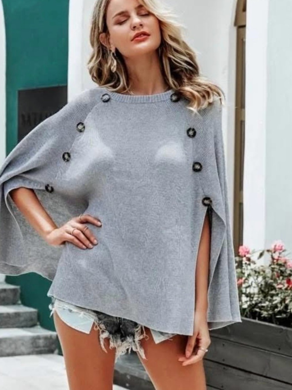 Goodnight Macaroon Gray Ribbed Knit Poncho Sweater Button Detail Sz S